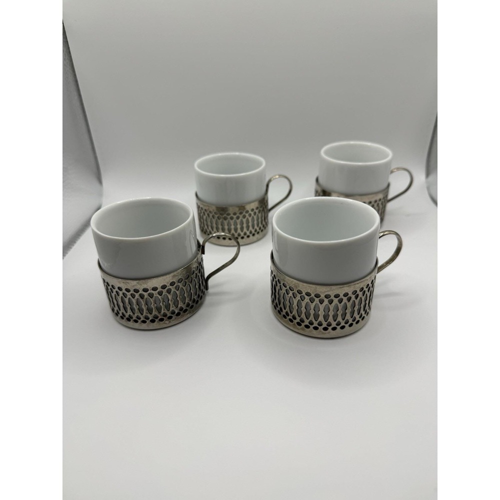Vintage Lattice Demitasse Cup Holders & Espresso Cups Lot/4